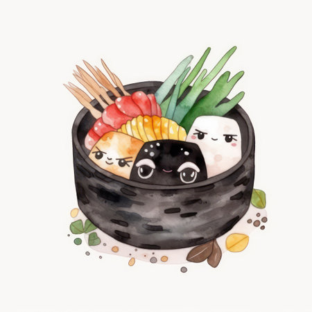 Watercolor illustration of cute panda with sushi in black bowl.の素材