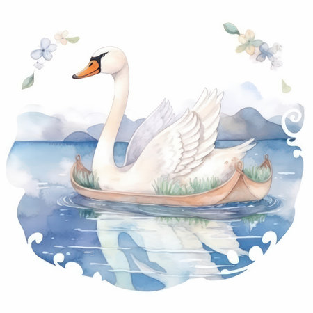 Watercolor illustration of a white swan in a boat on the lakeの素材