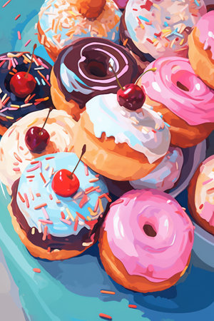 Illustration of donuts with icing and sprinkles on blue backgroundの素材