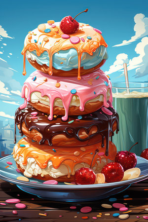 Illustration of a stack of donuts with chocolate glaze and cherryの素材