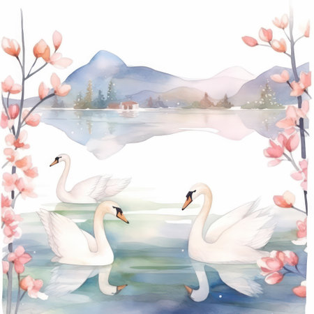 Watercolor spring landscape with blooming flowers and swans. Vector illustration.の素材