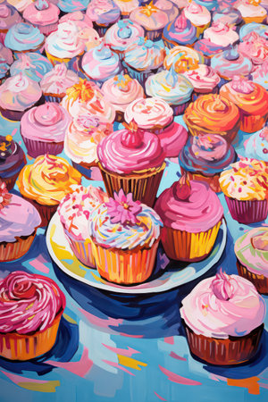 Illustration of cupcakes on a blue background with space for textの素材