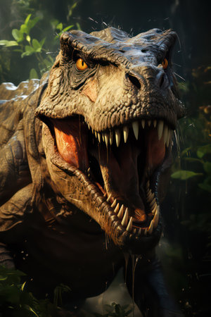 Dinosaur with open mouth, close-up portrait of a dinosaurの素材