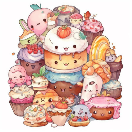 Cute hand drawn vector illustration of a set of different sweet cakesの素材