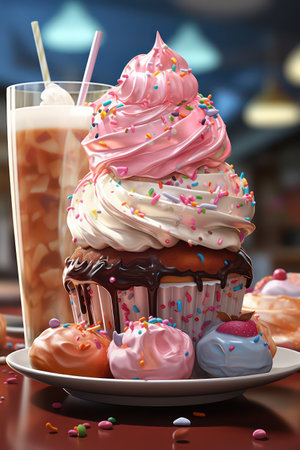 Cupcake with ice cream on the table. 3d renderingの素材