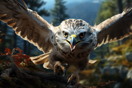 Birds of prey on a branch in the forest. 3d renderingの素材