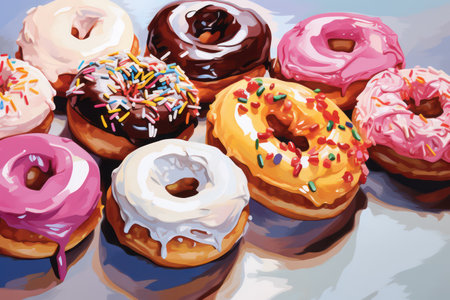 Illustration of a group of donuts with icing and sprinklesの素材