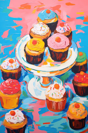 Colorful cupcakes on a colorful background. Hand-drawn illustration.の素材