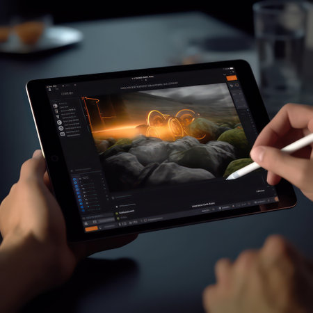 Tablet pc in the hands of a man on a dark backgroundの素材