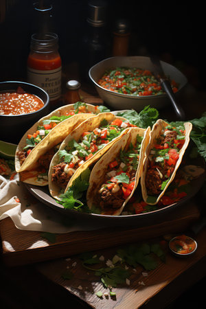 Tacos with meat and vegetables on a wooden table. Mexican cuisineの素材