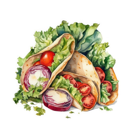 Watercolor illustration of a tortilla with lettuce, tomato and onionの素材