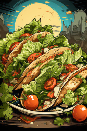 Illustration of a delicious tortilla with lettuce, tomato and cheeseの素材