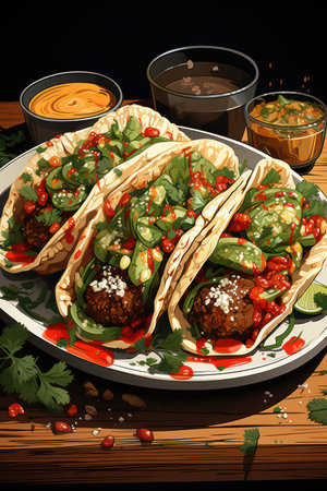 Tasty mexican tacos with meat and vegetables on wooden tableの素材