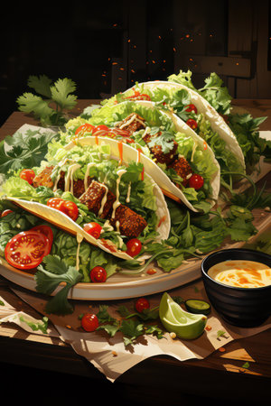 Tacos with meat, salad and vegetables on a wooden tableの素材