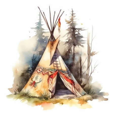 Watercolor illustration of Indian teepee in the forest. Hand drawn illustrationの素材