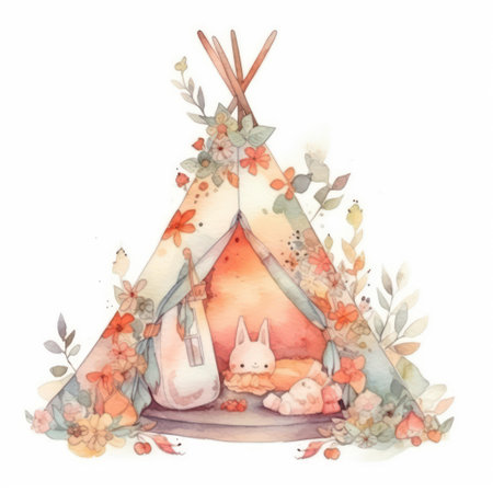 Hand drawn watercolor illustration of a teepee with rabbit and flowersの素材