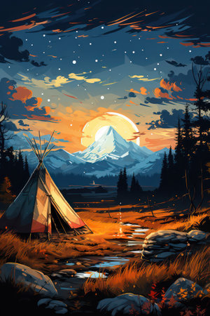 Camping on the banks of the river at night. Illustrationの素材