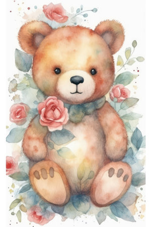 Watercolor teddy bear with flowers. Hand painted vector illustration.の素材