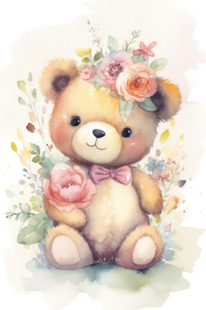 Cute teddy bear with floral wreath. Watercolor illustrationの素材