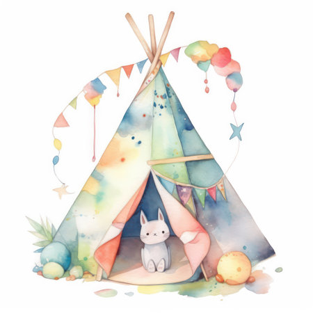 Hand drawn watercolor illustration of a cute teepee with a catの素材
