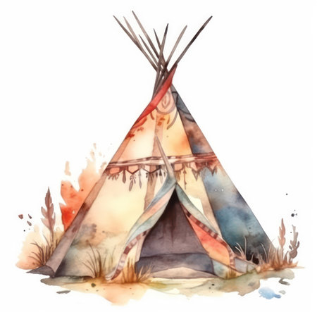 Watercolor illustration of Indian teepee. Hand drawn illustration.の素材