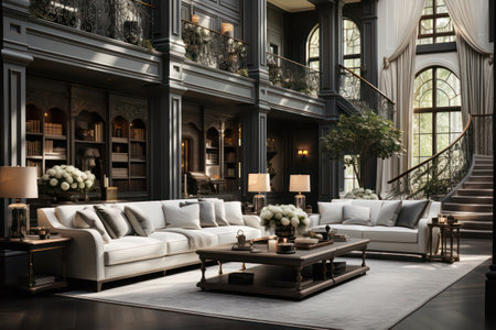 Luxury living room interior in classic style with fireplace and sofaの素材