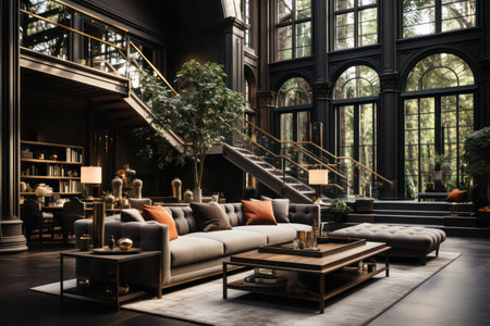 Luxury living room interior design with brown leather sofa and coffee table.の素材