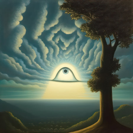 Eye of Providence in the sky with a tree on the seashoreの素材