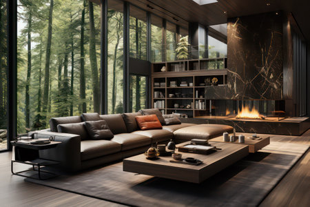 Modern living room interior design with fireplace. 3d rendering mock upの素材