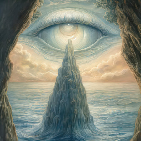 Digital illustration of an eye in the sea with a cave in the backgroundの素材