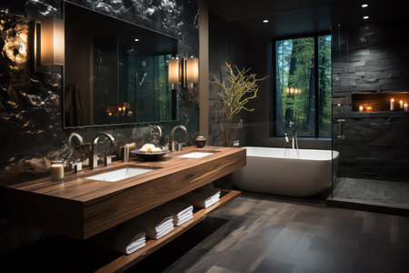 Luxury bathroom with black marble walls, dark wooden floor, white bathtub, double sink and mirror. 3d renderingの素材