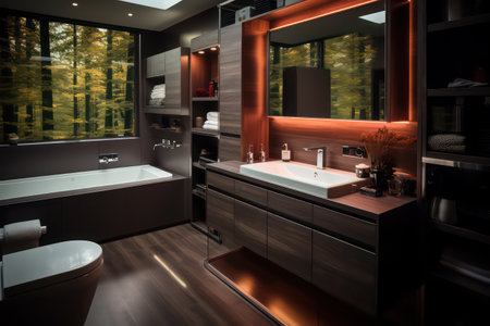Modern bathroom with dark wooden walls, black and brown faucet and mirrorの素材