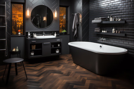 3d render of black bathroom with black tile wall and wooden floorの素材