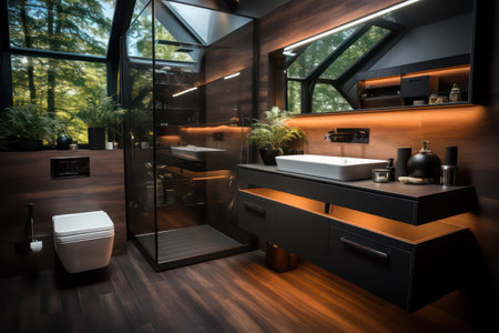Interior of modern bathroom with black and brown wooden walls, wooden floor, comfortable black bathtub and toilet.の素材
