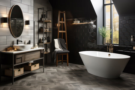 Corner of stylish bathroom with black and white walls, wooden floor, comfortable white bathtub and round mirror. 3d renderingの素材