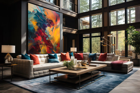 Interior of modern living room with big window, sofa and coffee tableの素材
