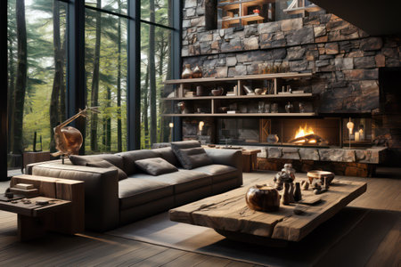 Interior of modern living room with fireplace. 3d rendering.の素材