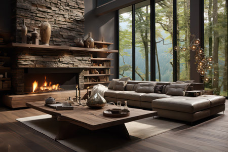 Interior of modern living room with fireplace, coffee table and sofaの素材