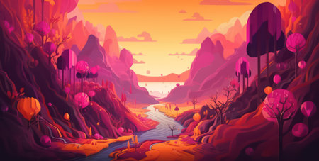Fantasy landscape with river and mountains. Cartoon style vector illustration.の素材