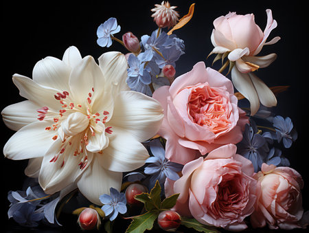 Beautiful bouquet of flowers on black background. Studio photography.の素材