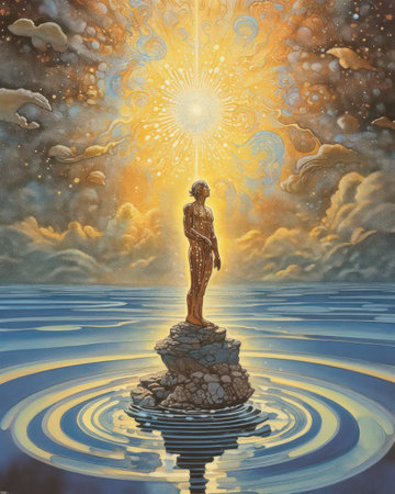 A woman standing on a rock in the sea with a sun in the backgroundの素材