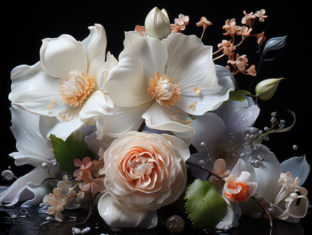 Beautiful bouquet of white flowers on a black background with water dropsの素材