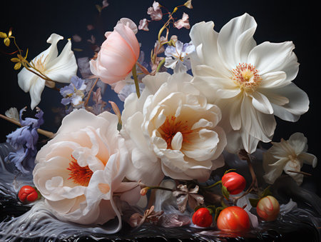 Still life with white flowers on a black background. Floral composition.の素材