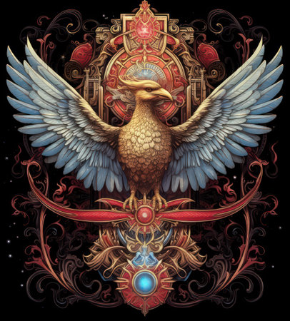 Eagle with heraldic shield and ornamental elements. Vector illustration.の素材