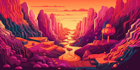 Cartoon landscape with river and mountains at sunset. Vector illustration.の素材