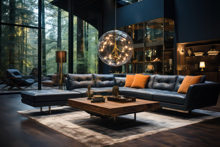 Interior of a modern living room with a large round glass globe. 3d renderingの素材