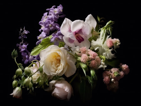 Beautiful bouquet of flowers on a black background. Studio photography.の素材