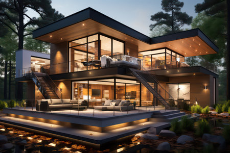 3d rendering of modern cozy house with parking and pool for sale or rent with wood plank facade. Clear summer night with many stars on the sky.の素材