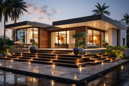 3d rendering of modern cozy house with pool and parking for sale or rent in luxurious style and beautiful landscaping on background. Clear summer night with many stars on the sky.の素材