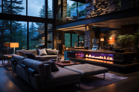 Luxury living room with fireplace, sofa, coffee table and window at nightの素材